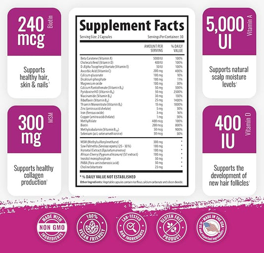 Hair, Skin and Nails Vitamin Supplement with Biotin, 2 Bottle Pack, Growth Formula for Men and Women
