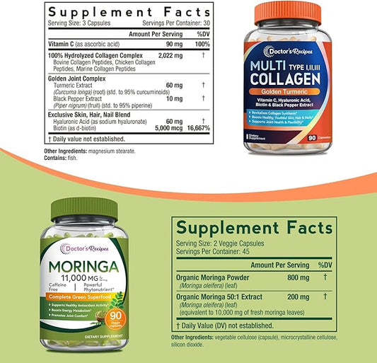 Doctor's Recipes Moringa 11,000 mg Strength 90 Caps and Multi Collagen Peptides 90Caps