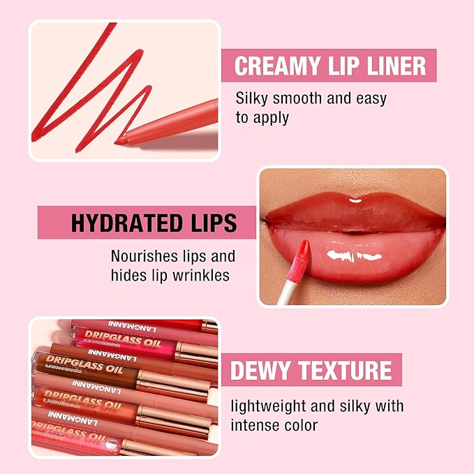 Jolilab Matte Lip Liner Lip Oil Set, Lip Makeup Set Natural Smooth Long-Lasting And Hydrating Beauty Daily Cosmetics Gift for Girls Easy-to-Use(4pcs)