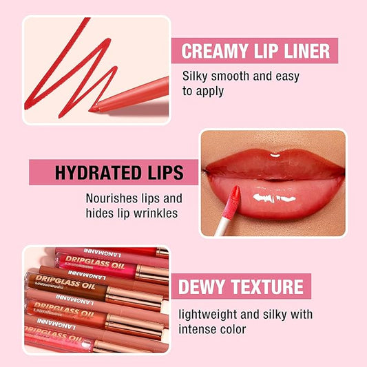 Jolilab Matte Lip Liner Lip Oil Set, Lip Makeup Set Natural Smooth Long-Lasting And Hydrating Beauty Daily Cosmetics Gift for Girls Easy-to-Use（8pcs）