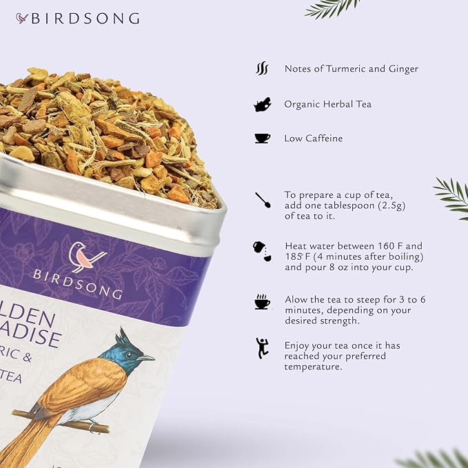 Birdsong Golden Paradise: Organic Turmeric and Ginger Herbal Teas with Lemongrass and Black Pepper, 100% Natural Caffeine Free Tea with Antioxidants Supports Overall Health, Decaffeinated Loose Leaf
