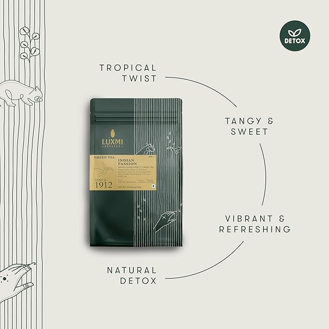 Luxmi Estates - Indian Passion - Organic Mango Passion Fruit Green Tea - 50 Tea Bags | With Mango & Passion Fruit | Brew as Iced Tea or Hot