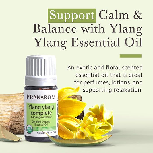 Pranarom USDA Certified Organic Ylang Ylang Essential Oil (5ml), 100% Pure Undiluted Therapeutic Grade from Madagascar for Aromatherapy, Diffuser, Meditation, Massage, Relaxation