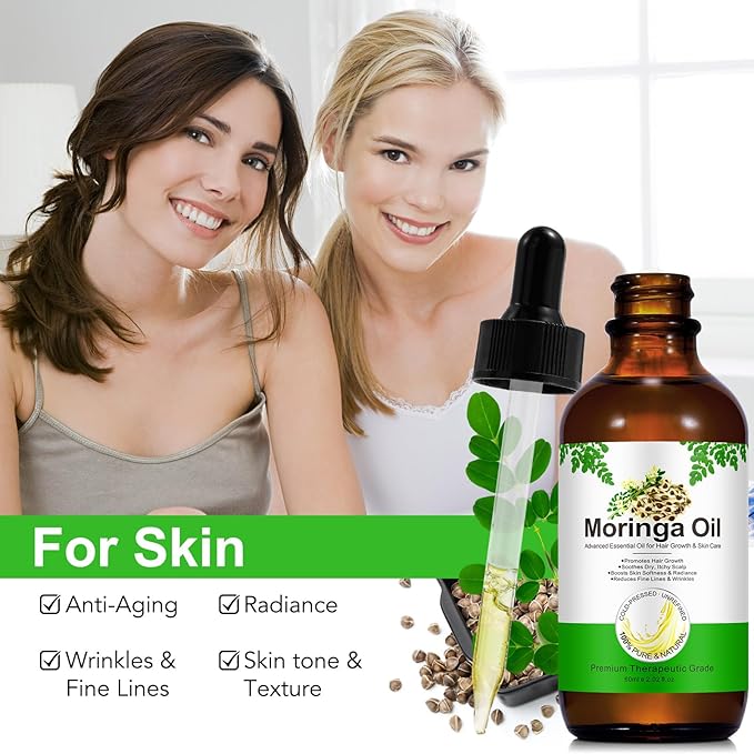 Premium Organic Moringa Oil Cold Pressed, Moringa Oil Unrefined for Hair & Skin Lightweight Face Oil, Natural Moisturizer in Glass Bottle 60ml