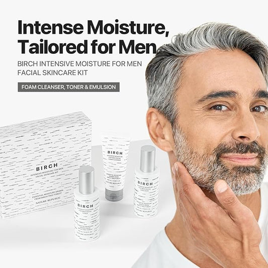 Nature Republic Birch Intensive for Men Skin Care Kit, Face Wash & Moisturizer for Hydrated Skin, Facial Toner (4.05 Fl.Oz) Emulsion (4.05 Fl.Oz) Cleaner (3.38 Fl.Oz), Korean Gift Sets