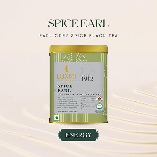 Luxmi Estates - Spice Earl - Spiced Earl Grey Tea - Loose Leaf - 100g (50 Cups) | Assam Black Tea with Natural Bergamot Extracts and Chai Spices | A Great Morning Cup as an Alternative to Coffee