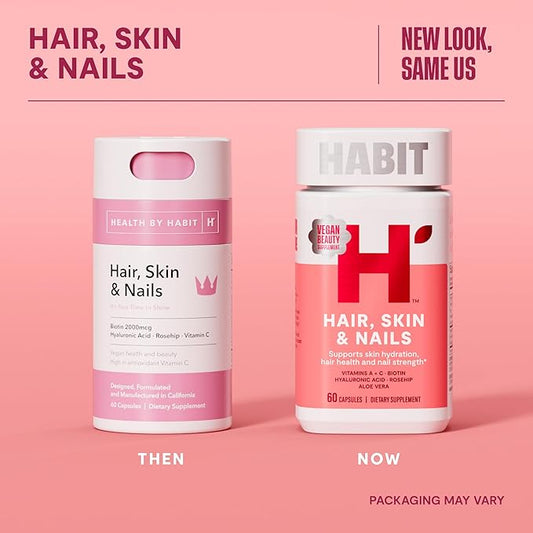 Habit Hair, Skin & Nails Supplement 2 Pack (120 Capsules) - New Look, Supports Skin Hydration, Hair & Nail Strength, Biotin 2000mcg, Vitamin A & C, Hyaluronic Acid, Rosehip, Vegan, Non-GMO