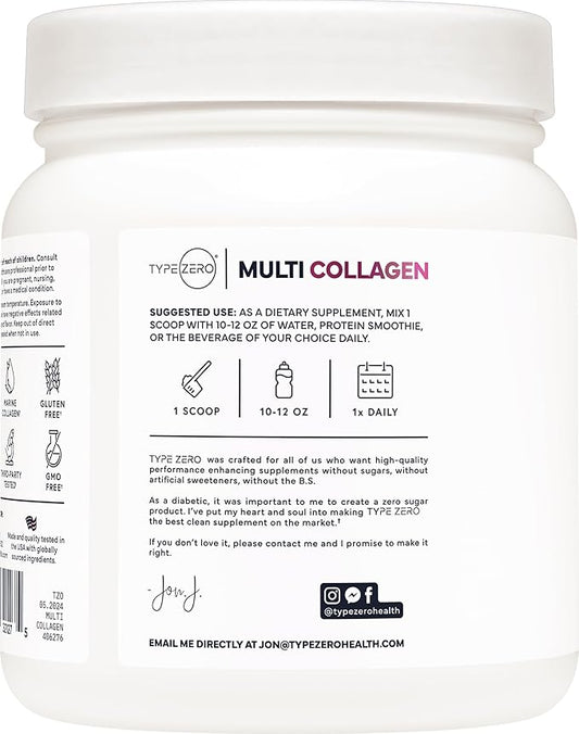 Type Zero Multi Collagen Powder 30 Servings (Unflavored) - Types I, II, III, V, & X Collagen Peptides + Hyaluronic Acid, VIT C, Biotin