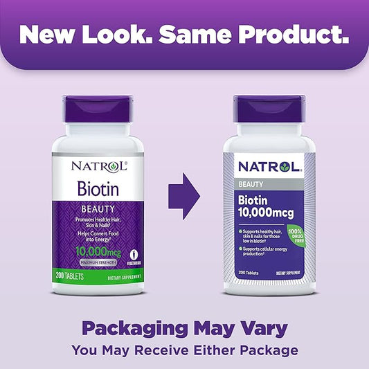 Natrol Biotin 10000mcg, Supplement for Healthy Hair, Skin and Nails for Those Low in Biotin, Plus Energy Metabolism Support, 200 Tablets, Up to a 200 Day Supply