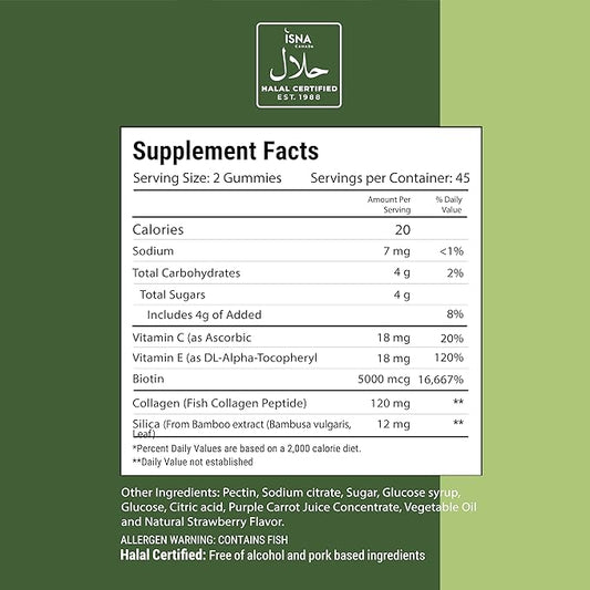 Noor Vitamins Halal Hair Vitamins Biotin, Collagen, Silica, Vitamin C & E Supports Hair, Skin & Nail Health; Natural Strawberry Gummy Vitamins. GMO, Gluten Free & a Certified Halal Vitamin (90 Count)
