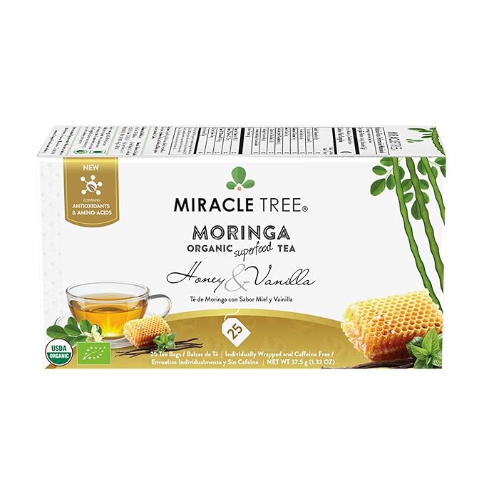 Miracle Tree - 3 Count of Organic Moringa Superfood Tea, 25 Individually Sealed Tea Bags, Honey & Vanilla (Keto, Detox, Energy/Immunity Booster, Vegan, Gluten-Free, Organic, Non-GMO, Caffeine-Free)