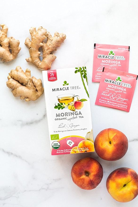 Miracle Tree - 3 Count of Organic Moringa Superfood Tea, 25 Individually Sealed Tea Bags, Peach & Ginger (Keto, Detox, Energy/Immunity Booster, Vegan, Gluten-Free, Organic, Non-GMO, Caffeine-Free)