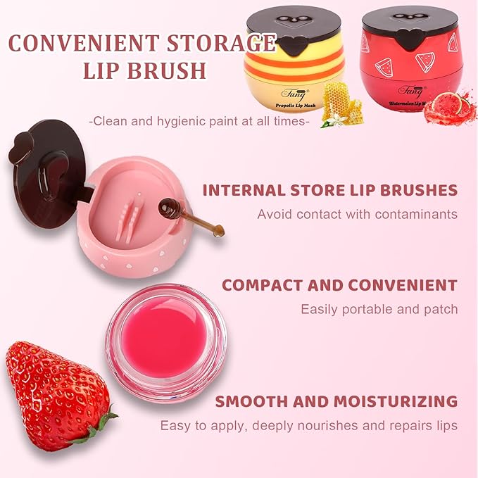 6 PCS Bee Lip Balm Honey Pot, Honey Strawberry Watermelon Apple Vanilla Peach Bee Lip Balm Sleeping Lip Mask Overnight with Sticks, Honey Pot Lip Balm Exfoliating Prevention Dry and Crack Lip Scrubs