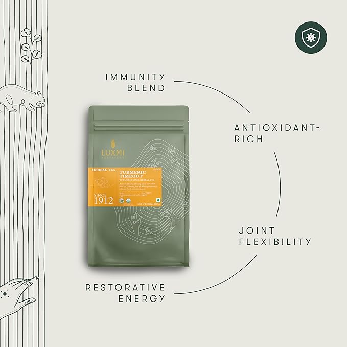 Luxmi Estates Turmeric Time-Out Herbal Loose Tea 250g Pack | Certified USDA Organic Herbal Tea | With Organic Turmeric, Ginger, Cardamom, Black Pepper | Supports A Healthy Response To Inflammation (125 Cups)