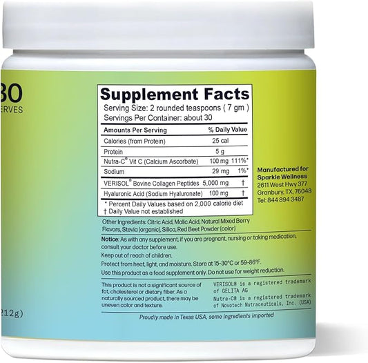 Sparkle Wellness Skin Boost Plus (Mixed Berry) [30-Serves] | Collagen Powder Supplement with VERISOL Bioactive Hydrolyzed Collagen Peptides, Vitamin C & Hyaluronic Acid to Improve Skin Elasticity
