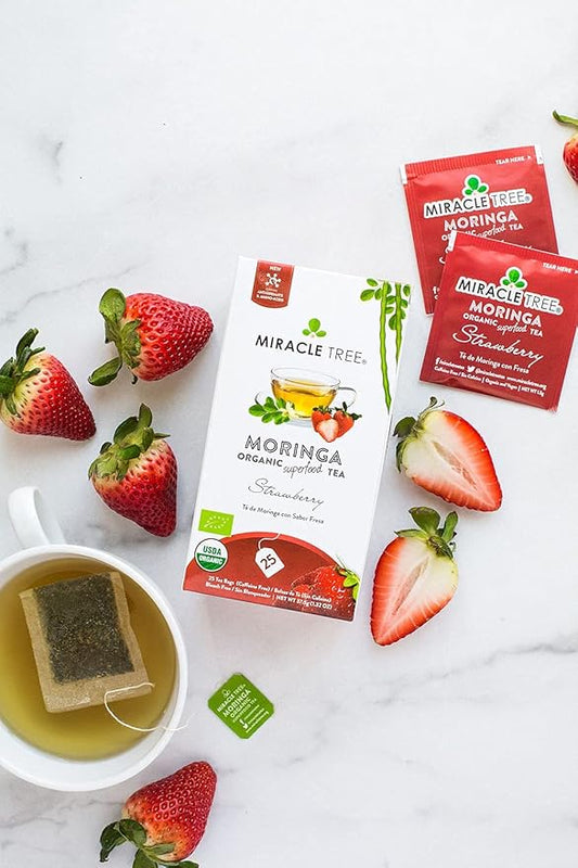 Miracle Tree - 6 Count of Organic Moringa Superfood Tea, 25 Individually Sealed Tea Bags, Strawberry (Keto, Detox, Energy/Immunity Booster, Vegan, Gluten-Free, Organic, Non-GMO, Caffeine-Free)