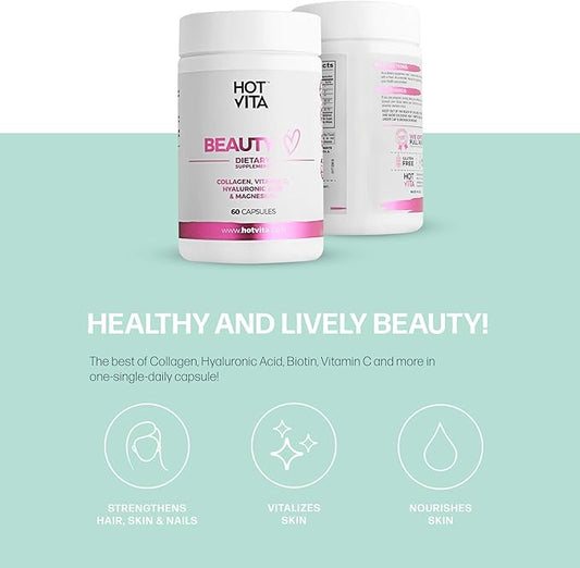 Hot Vita Beauty Supplement Pills – Anti-Aging Supplement Treatment for Hair Loss, Skin, and Nails with Collagen, Biotin, Magnesium, Vitamin C and Hyaluronic Acid