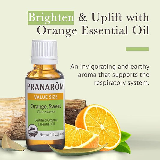Pranarom USDA Certified Organic Sweet Orange Essential Oil (30ml), 100% Pure Undiluted Therapeutic Grade from Mexico for Aromatherapy, Diffuser, Citrus Scent, Soothing, DIY Cleaning