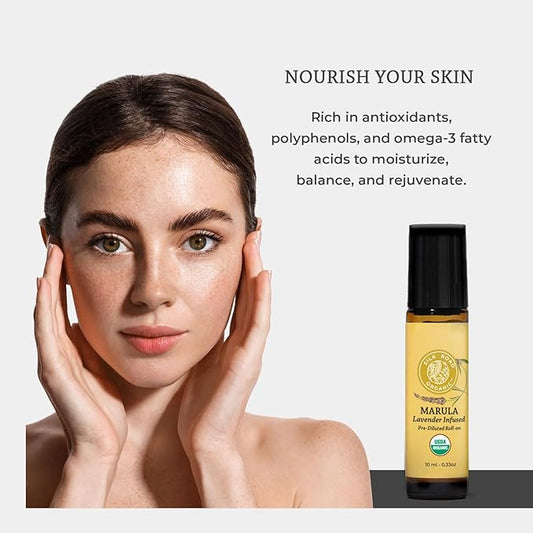 Silk Road Organic Marula Seed & Lavender Essential Oil, 100% Pure USDA Certified Aromatherapy, Deep Hydration for Face, Body, Lips, Hair, Nails - 10 ml Roller