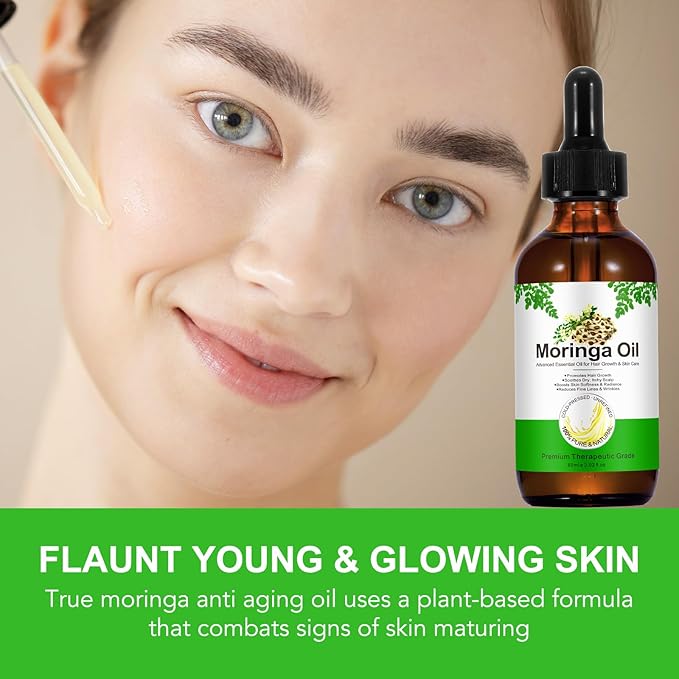 Premium Organic Moringa Oil Cold Pressed, Moringa Oil Unrefined for Hair & Skin Lightweight Face Oil, Natural Moisturizer in Glass Bottle 60ml