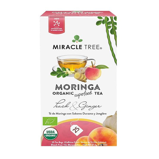 Miracle Tree - Organic Moringa Superfood Tea, 25 Individually Sealed Tea Bags, Peach & Ginger (Keto, Detox, Energy & Immunity Booster, Vegan, Gluten-Free, Organic, Non-GMO, Caffeine-Free)