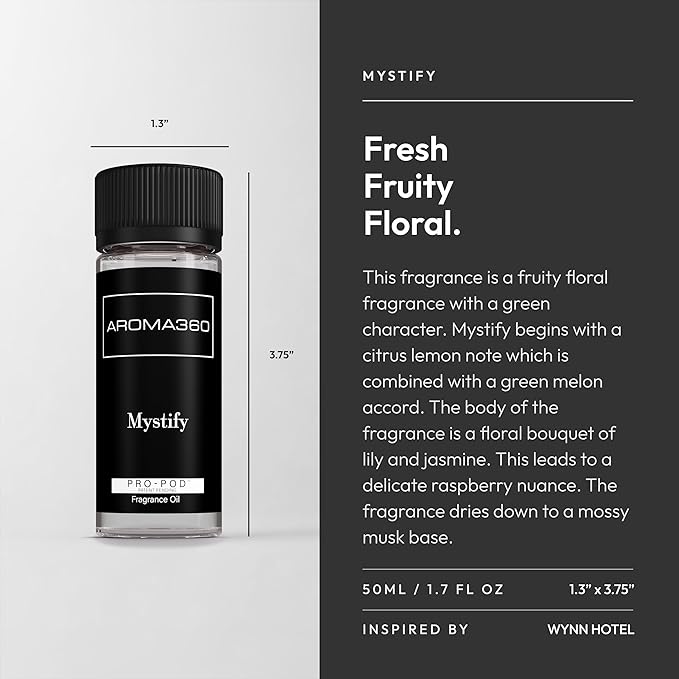 Aroma360 - Mystify Pro Pod Fragrance Oil Blend | Hotel Inspired Luxury Essential Oil Diffuser | Aromatherapy Scent Diffuser Oil | Citrus, Green Melon and Raspberry 1.7 fl oz, 50 mL