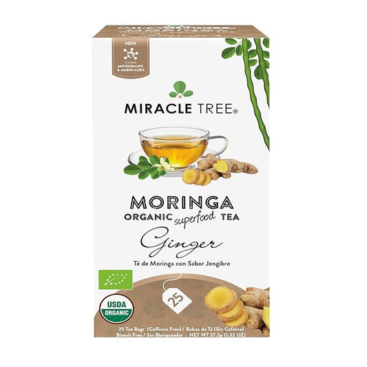Miracle Tree - 12 Count of Organic Moringa Superfood Tea, 25 Individually Sealed Tea Bags, Ginger (Keto, Detox, Energy/Immunity Booster, Vegan, Gluten-Free, Organic, Non-GMO, Caffeine-Free)
