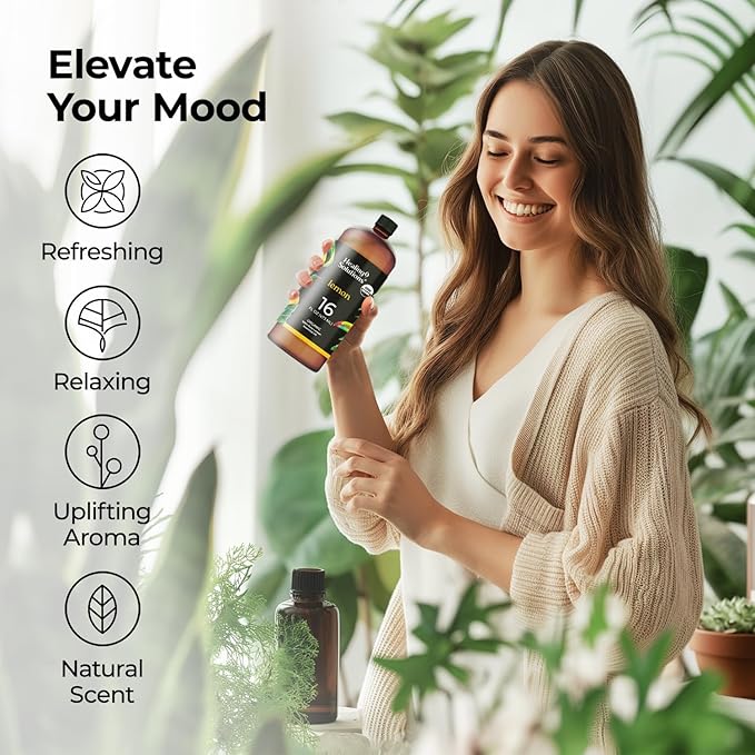 Healing Solutions Organic Lemon Diffuser Oil, Lemon Essential Oil Bulk, 16 oz - Large Bottle for Candle Making and Household Cleaning
