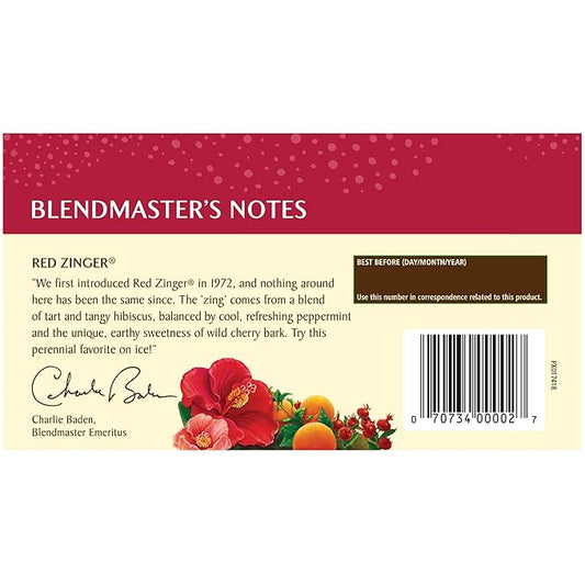 Celestial Seasonings Hibiscus Tea, Red Zinger Herbal Tea, Caffeine Free, 20 Tea Bags