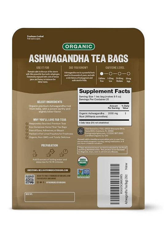 FGO Organic Ashwagandha Tea, 20 Count, Eco-Conscious Herbal Tea Bags, Resealable Bag, Caffeine Free, Packaging May Vary (Pack of 1)