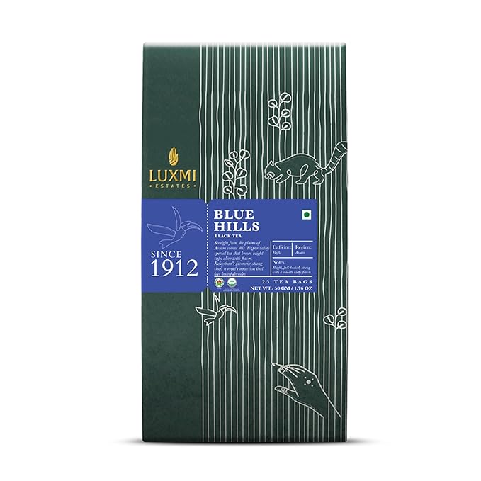 Luxmi Estates - Blue Hills - Organic CTC Assam Black Tea - 25 Tea Bags | Jodhpur Blend - Rajasthan's Favorite Chai | Strong Cup of Original Indian Chai Tea - No Spices