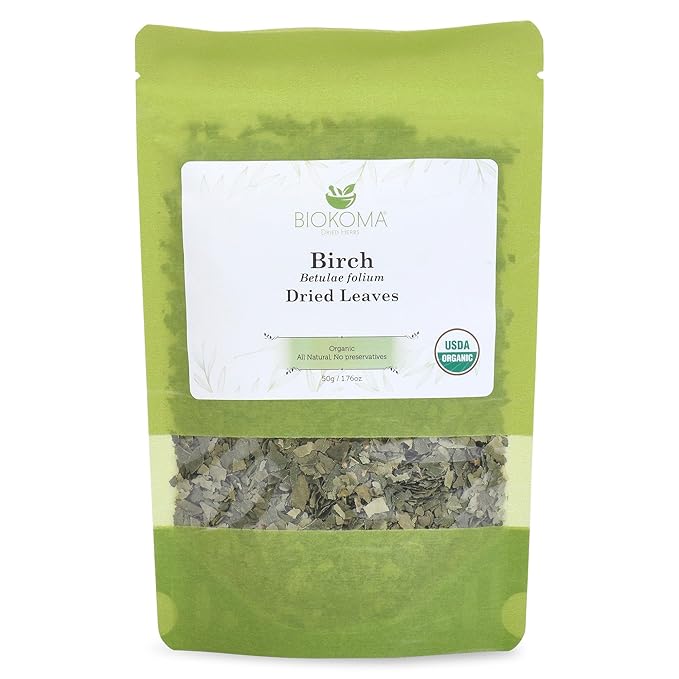 Biokoma Pure and Organic Birch Dried Leaves 50g (1.76oz) Detox Digestion Immunity Boost Resealable Moisture Proof Pouch USDA Certified Organic Herbal Tea No Additives No Preservatives No GMO Kosher