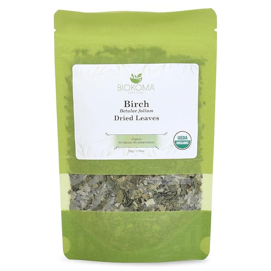 Biokoma Pure and Organic Birch Dried Leaves 50g (1.76oz) Detox Digestion Immunity Boost Resealable Moisture Proof Pouch USDA Certified Organic Herbal Tea No Additives No Preservatives No GMO Kosher
