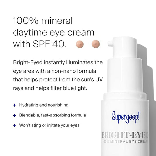 Supergoop! Bright-Eyed 100% Mineral Eye Cream, 0.5 fl oz - SPF 40 PA+++ Hydrating & Illuminating Mineral Sunscreen - Under Eye Cream for Dark Circles & Puffiness - Revives Tired Eyes