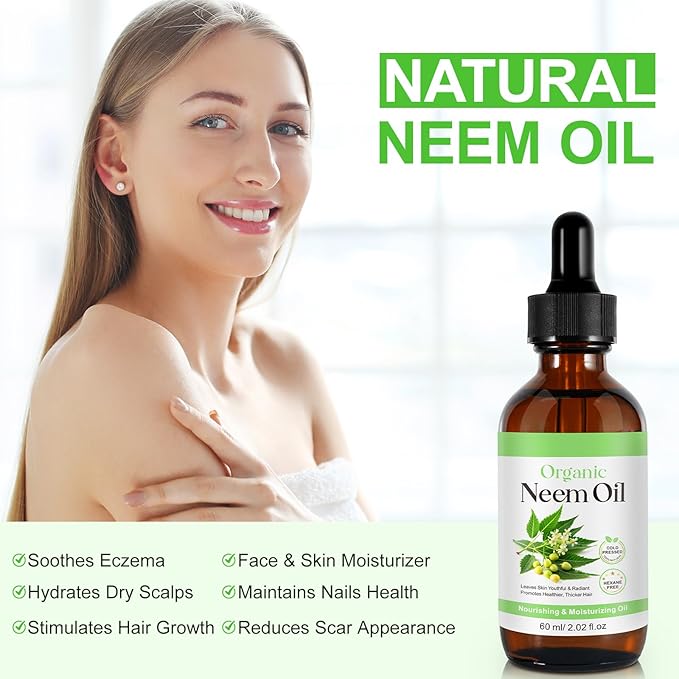 Organic Neem Oil for Skin 2.02 fl.oz, 100% Pure Natural Cold Pressed Unrefined Virgin for Hair Growth, Skin& Body Care, Nails, Nourishes the Hair, Natural Moisturizer, Reduces Fine Lines