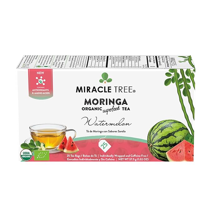 Miracle Tree - 6 Count of Organic Moringa Superfood Tea, 25 Individually Sealed Tea Bags, Watermelon (Keto, Detox, Energy/Immunity Booster, Vegan, Gluten-Free, Organic, Non-GMO, Caffeine-Free)
