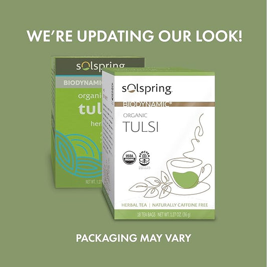Dr. Mercola Solspring Organic Tulsi Herbal Tea, 18 Tea Bags (Pack of 3) Naturally Caffeine Free, USDA Organic, Organic Demeter Certified