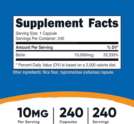 Nutricost Biotin (Vitamin B7) 10,000mcg (10mg), 240 Caps (2 Bottles) - Non-GMO, Gluten Free