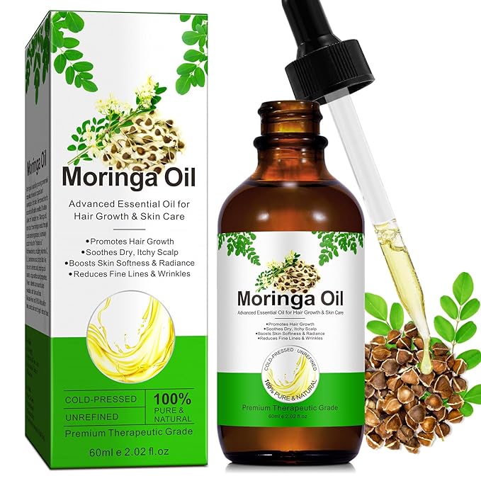 Premium Organic Moringa Oil Cold Pressed, Moringa Oil Unrefined for Hair & Skin Lightweight Face Oil, Natural Moisturizer in Glass Bottle 60ml