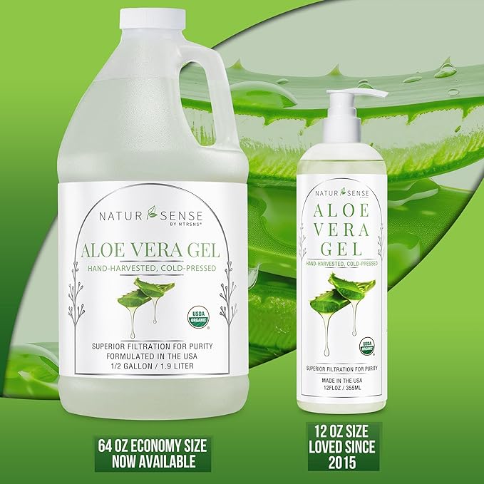 NaturSense USDA Organic Aloe Vera Gel from 100% Pure Aloe. Same Gentle Aloe, Pink/Amber Color is Natural. Great for Hair, Scalp, Face, Dry Skin, Acne, Sunburn, Sensitive Skin. Unscented, 12 oz.