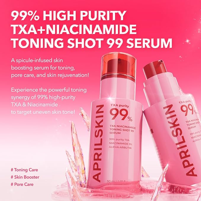 APRILSKIN TXA Overnight Glow Booster Trio: TXA Niacinamide Toning Shot 99 Spicule Facial Serum, TXA Niacinamide 99 Pink Milky Toner and TXA Niacinamide 99 Overnight Wrapping Mask
