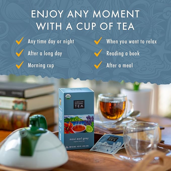 Hawaiian Natural Tea Organic Maui Lavender Earl Grey Tea Bags - Premium Black Tea - Antioxidant Rich - 60 Tea Bags