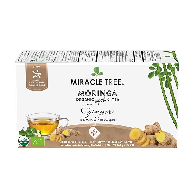 Miracle Tree - 3 Count of Organic Moringa Superfood Tea, 25 Individually Sealed Tea Bags, Ginger (Keto, Detox, Energy/Immunity Booster, Vegan, Gluten-Free, Organic, Non-GMO, Caffeine-Free)