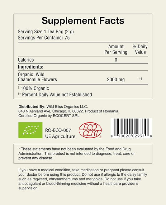Wild Bliss Organic Chamomile Tea - Caffeine Free Calming Herbal Support - Pharmacopoeia Potency - 75 Plant Based Tea Bags