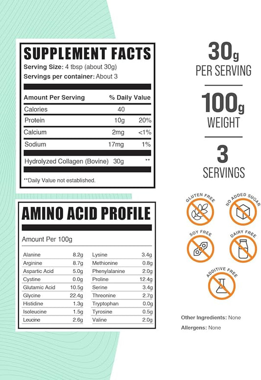 BulkSupplements.com Collagen Peptides Powder - Bovine Collagen Powder, Powdered Collagen Supplement - Hydrolyzed & Gluten Free, 30g per Serving, 100g (3.5 oz) (Pack of 1)