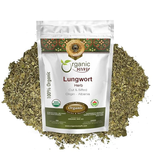 Organic Way Lungwort Dried Leaves (Pulmonaria Officinalis) Cut & Sifted - Herbal Tea | Organic & Kosher Certified | Raw, Vegan, Non GMO & Gluten Free | USDA Certified | Origin - Albania (2 Ounce)