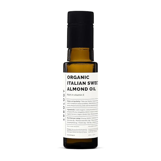 100% Organic Sweet Almond Oil 100ml - Cold-Pressed - Rich in Skin-Nourishing Vitamin E - Straight from Farm in Italy - Non-GMO - No Additives or Preservatives - Recyclable Glass Bottle
