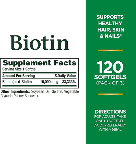 Nature's Bounty Biotin 10,000mcg, Supports Beautiful Hair, Glowing Skin and Healthy Nails, Rapid Release Softgels, 120 Count (Pack of 3)
