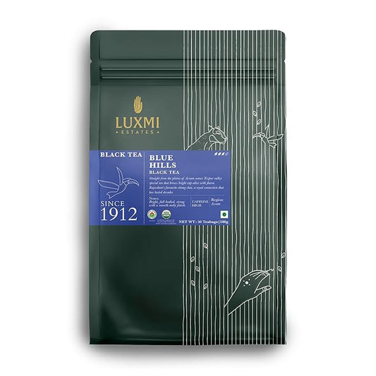 Luxmi Estates - Blue Hills - Organic CTC Assam Black Tea - 50 Tea Bags | Jodhpur Blend - Rajasthan's Favorite Chai | Strong Cup of Original Indian Chai Tea - No Spices