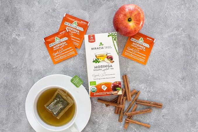 Miracle Tree - Organic Moringa Superfood Tea, 25 Individually Sealed Tea Bags, Apple & Cinnamon (Keto, Detox, Energy/Immunity Booster, Vegan, Gluten-Free, Organic, Non-GMO, Caffeine-Free)